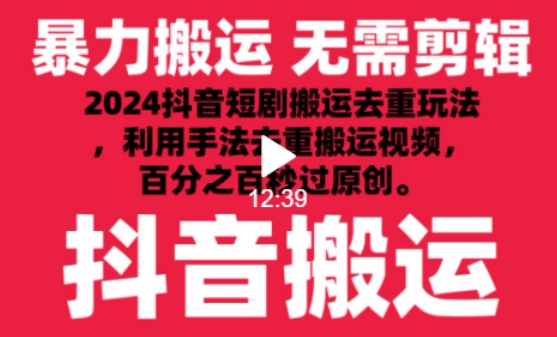 2024最新抖音搬运技术，抖音短剧视频去重，手法搬运，利用工具去重，达到秒过原创的效果-满月文化项目库